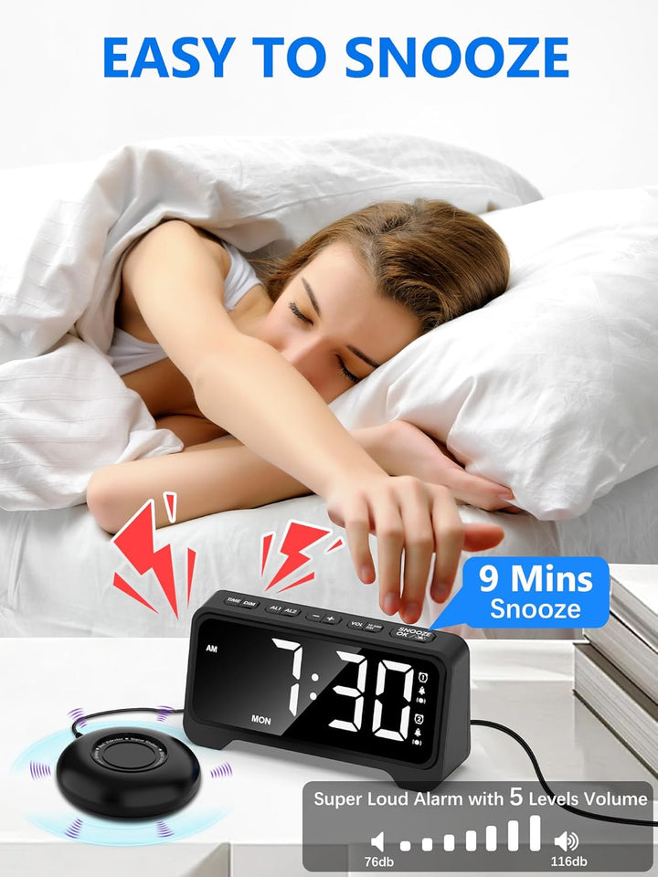 Mesqool Vibrationswecker, Lauter Wecker für Tiefschläfer, Digitaler Wecker mit Nachtlicht, Grosses D