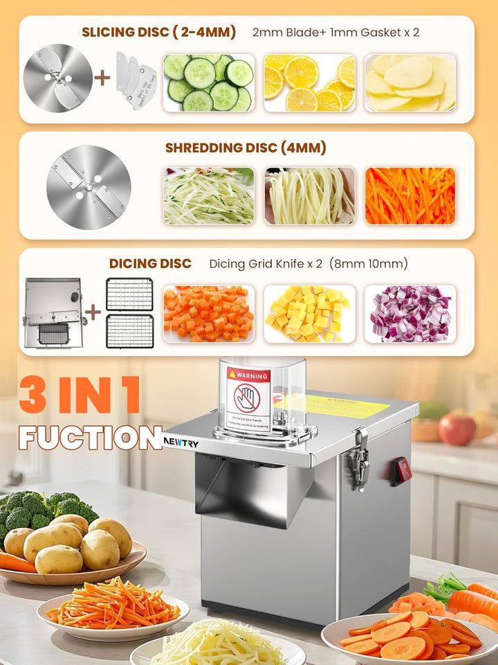 NEWTRY 3-in-1 Elektrischer Gemüseschneider -200W Küchenmaschine mit Edelstahlgehäuse zum Würfeln, Ra