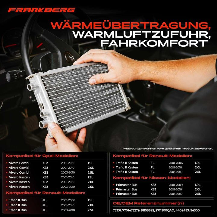 Frankberg Wärmetauscher Innenraumheizung Kompatibel mit Primastar X83 2001-2010 Vivaro A E7 X83 2001