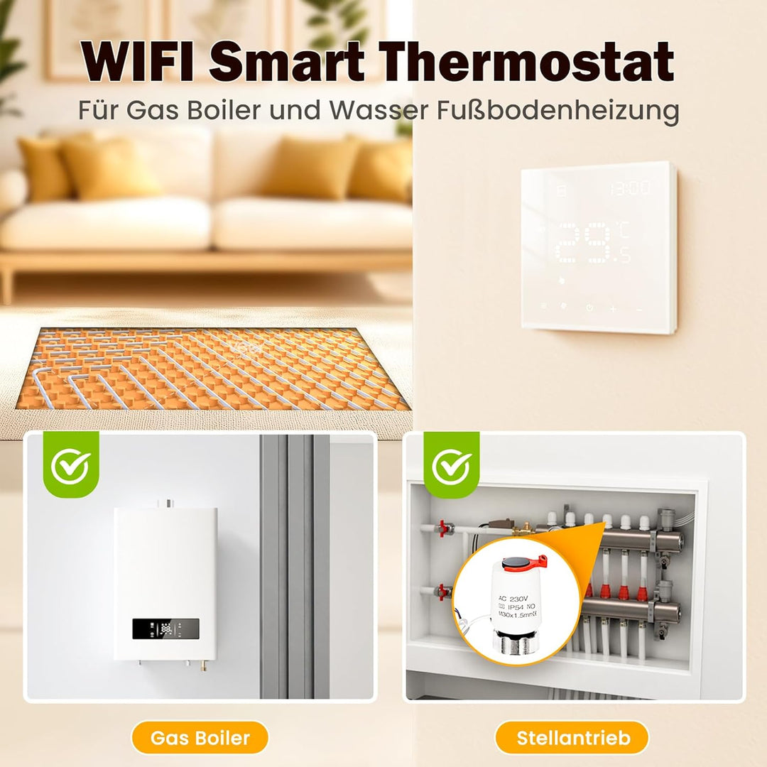 Smart WiFi Thermostat Für Wasser Fussbodenheizung und Gasboiler, Programmierbar Raumthermostat Unter