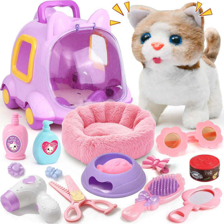 vamei Katze Spielzeug Kinder, Interaktives Plüsch Katze Laufende Miauen mit Katzenkäfig Bett & Pfleg