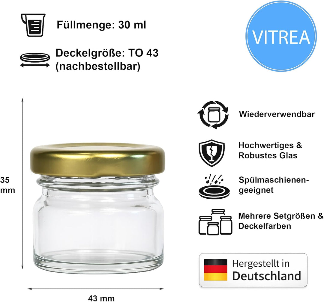 Vitrea 25x Mini Marmeladengläser 30 ml - mit Deckel Gold TO 43 - kleine Einmachgläser zum befüllen m