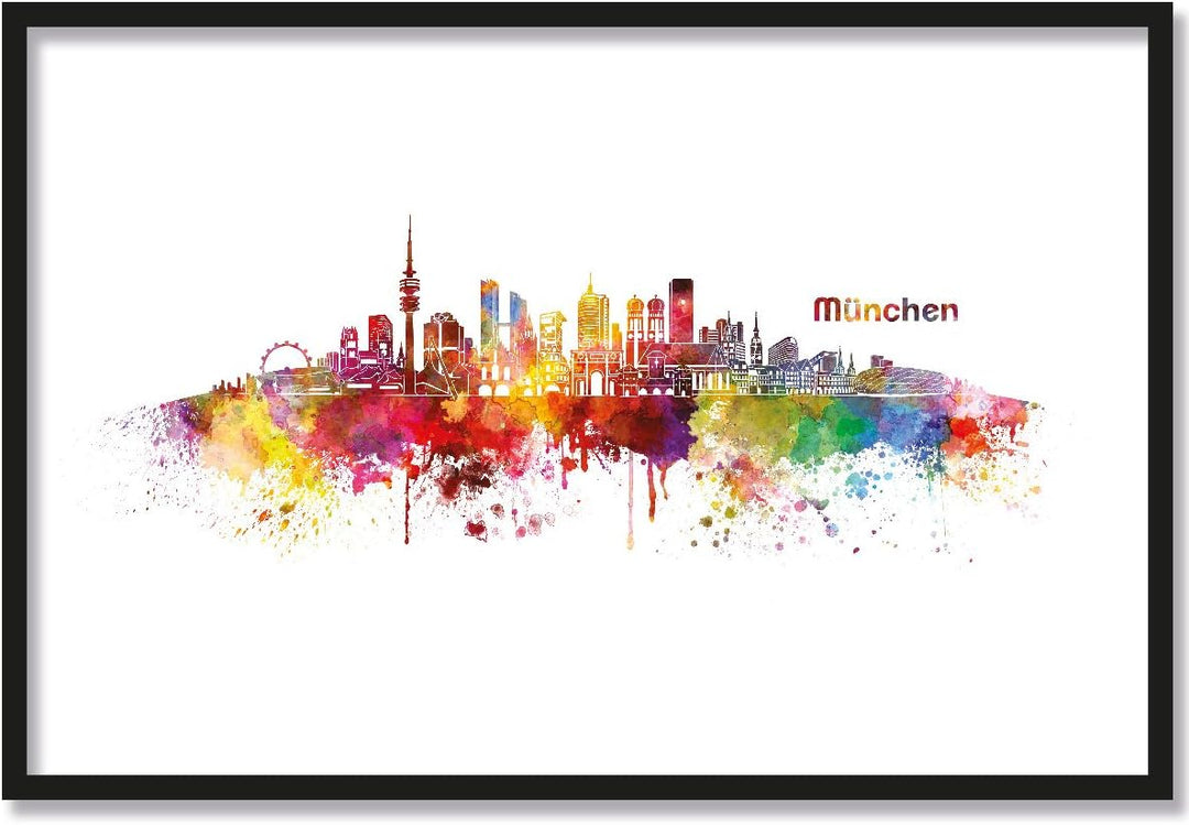 JUNIWORDS Poster mit/ohne Holzrahmen, Wähle ein Motiv, Aquarell Skyline München, Wähle eine Grösse,