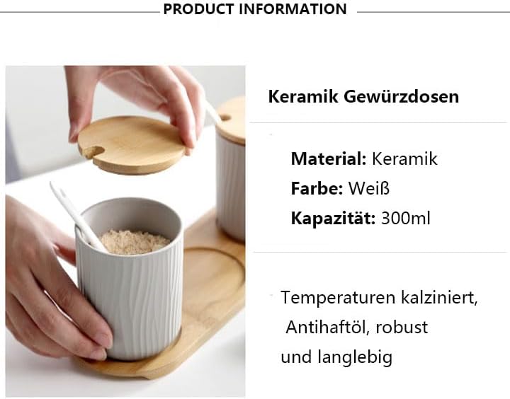 Keramik Gewürzdosen 2er Set, Zuckerdose mit Löffel und Bambus Deckel, 300ml/10.2 oz Gewürzgläser für