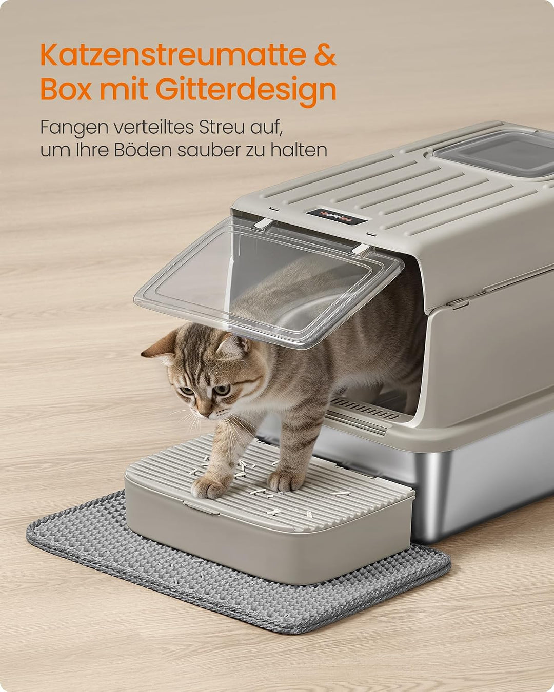 Feandrea Katzenklo Edelstahl, Katzentoilette mit Deckel, mit Schaufel, Katzenstreumatte und 2 Eingän
