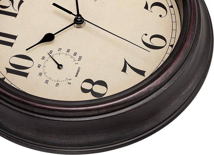 Foxtop Innen Draussen Wetterfeste Wanduhr mit Temperaturanzeige und Hygrometer, Ohne Tickgeräusche L