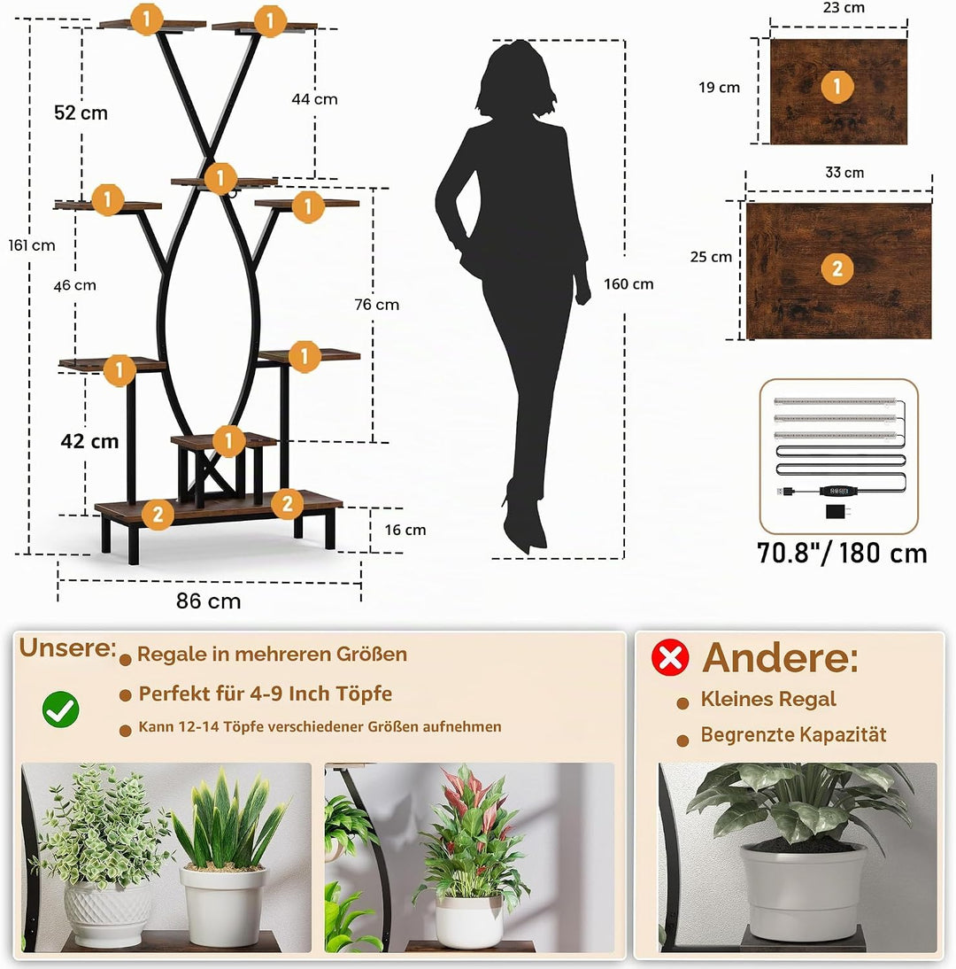Pflanzenständer für den Innenbereich mit Wachstumslichtern – 9 Ebenen hohes Pflanzenregal, 160 cm Ec