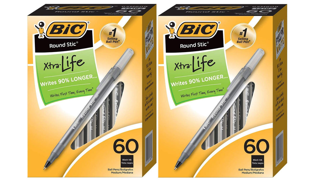BIC Round Stic Xtra Life Ball Pen, Medium Point (1.0mm), Black, 60 Count - 2 Pack