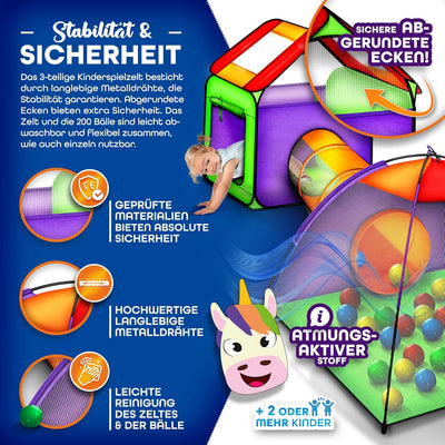 KIDUKU Kinderspielzelt Bällebad Pop Up Spielzelt Iglu Spielhaus + Krabbeltunnel + 200 Bälle + Tasche