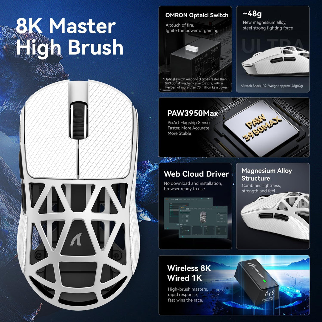 ATTACK SHARK R2 kabellose Gaming-Maus aus Magnesium, PixArt PAW3950 Sensor, 48 g superleicht, BT/2,4
