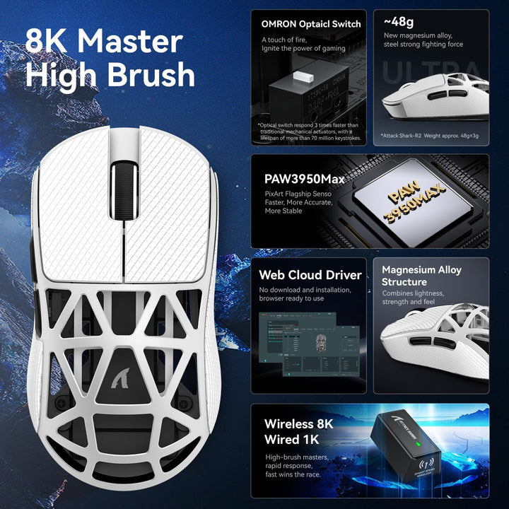 ATTACK SHARK R2 kabellose Gaming-Maus aus Magnesium, PixArt PAW3950 Sensor, 48 g superleicht, BT/2,4