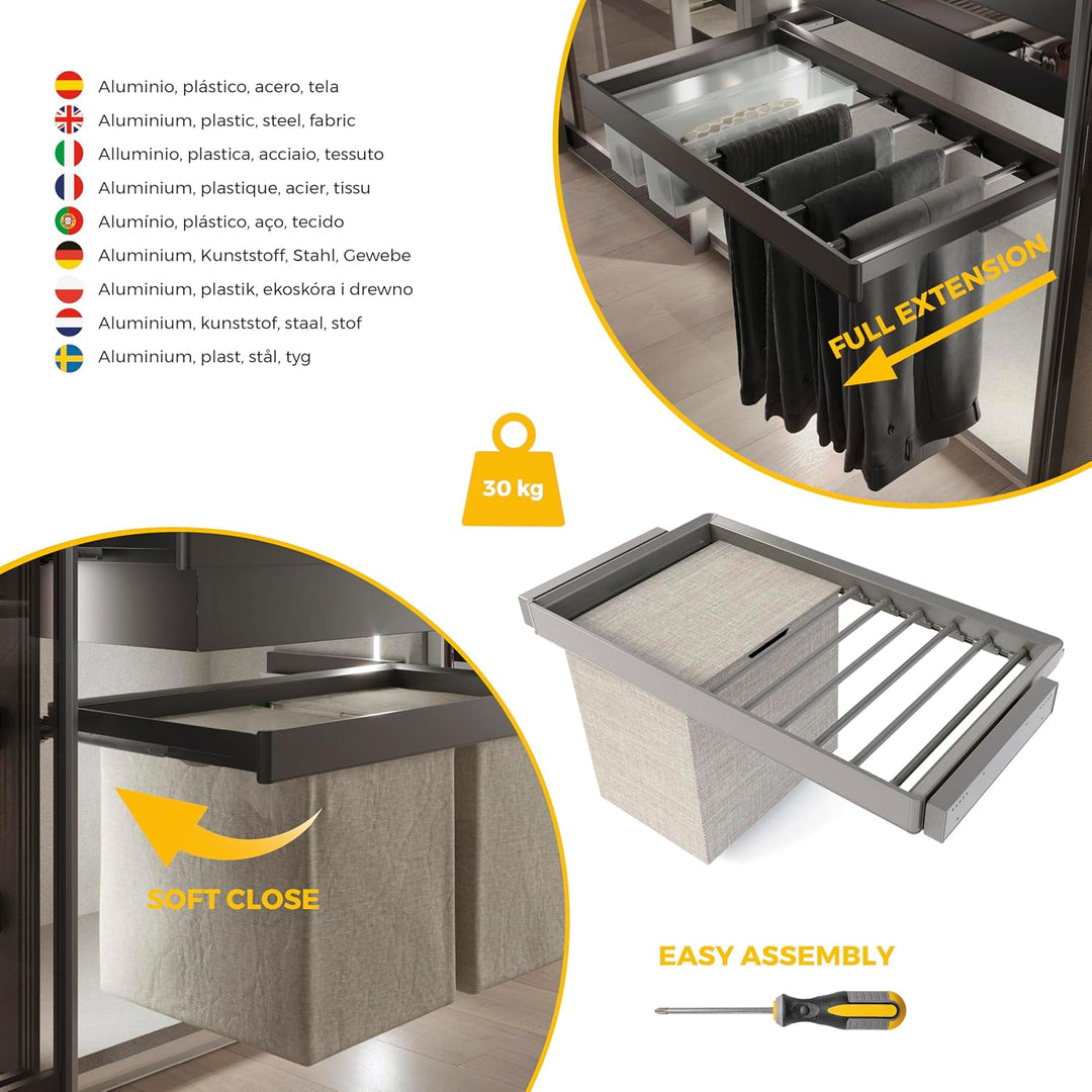 Emuca - Satz aus 7-Stangen-Hosenhalter, Wäschekorb und ahmen für Schrank Quartz, mit Soft-Close- und