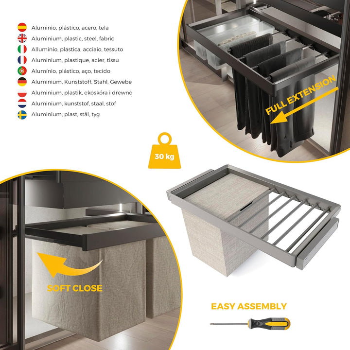 Emuca - Satz aus 7-Stangen-Hosenhalter, Wäschekorb und ahmen für Schrank Quartz, mit Soft-Close- und