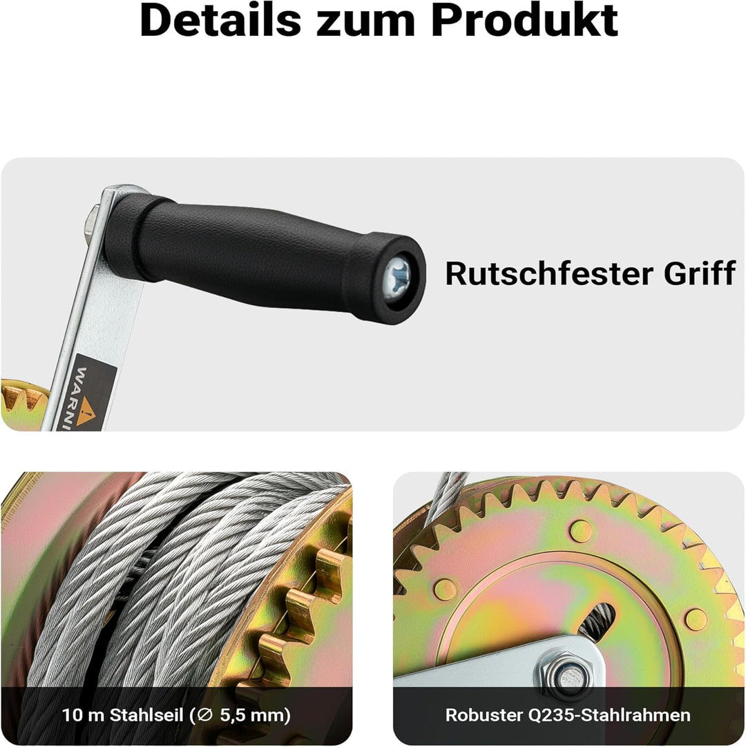 Wiltec Handseilwinde bis 1100kg Übersetzung 4:1 8:1 170x175x240mm, Winde mit 8m Drahtseil, Seilwinde