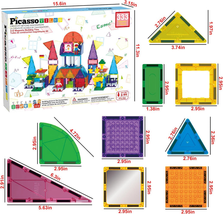 PicassoTiles Set mit 333 magnetischen 3D-Fliesen für Bauarbeiten, kreatives Spielzeug für Kinder ab