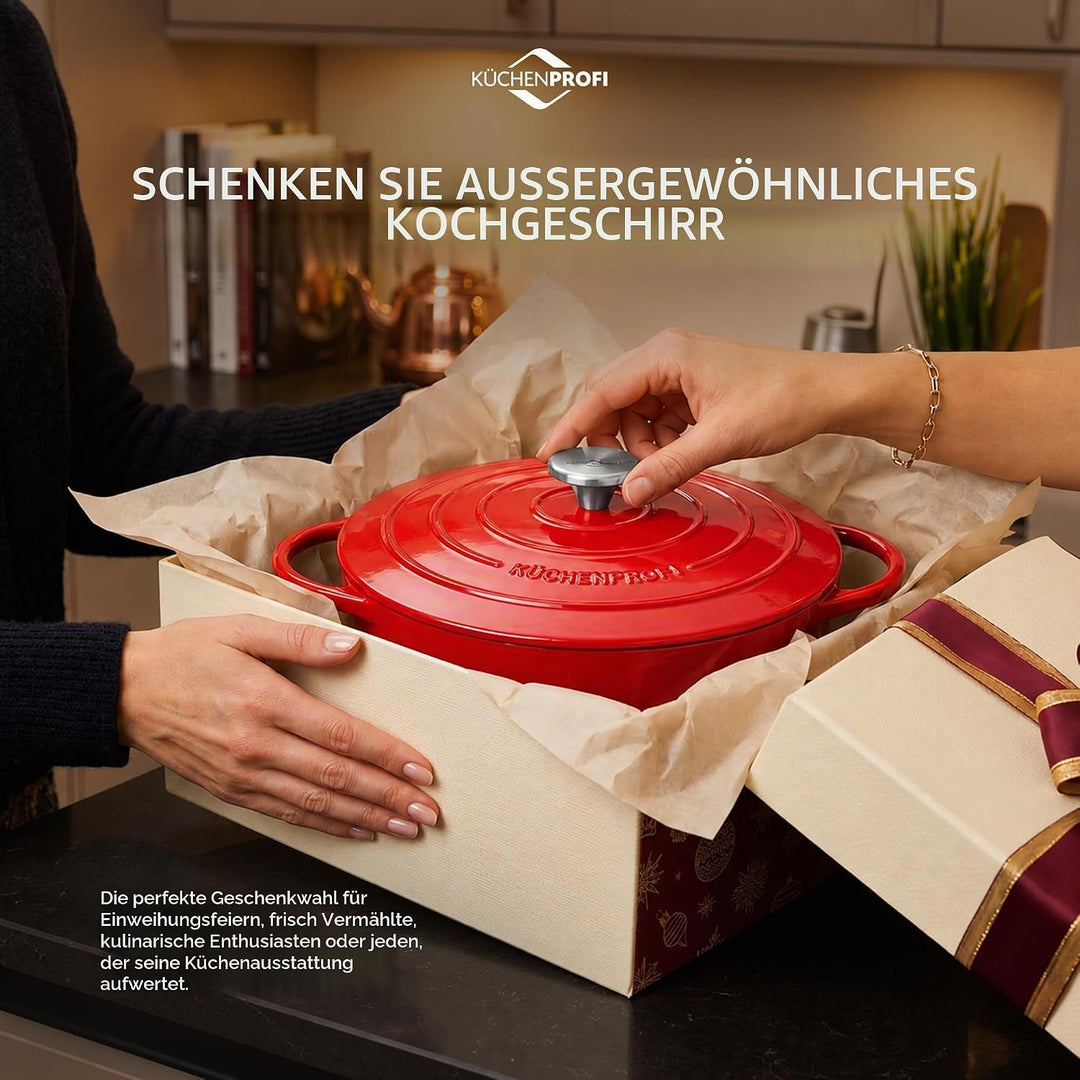 Küchenprofi Gusseisen Bräter mit Deckel, rot/innen schwarz , 26 cm, Schmortopf, Auflaufform, Dutch O