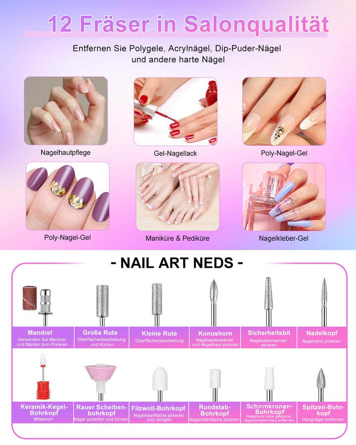 CozyZen Elektrische Nagelfräser Professional: 45000 U/min Nagelpflege-Kit mit LCD-Display, Hand- & F