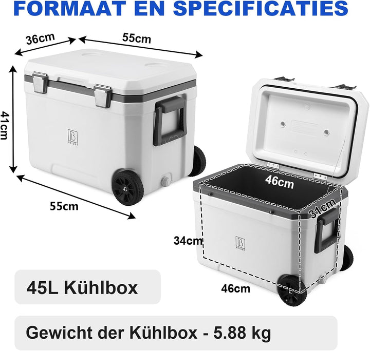 Brisby Kühlbox Camping - 45L, Kühlbox ohne Strom, inkl. 4 Dicke Kühlelemente, 3 Tage kühle Isolation