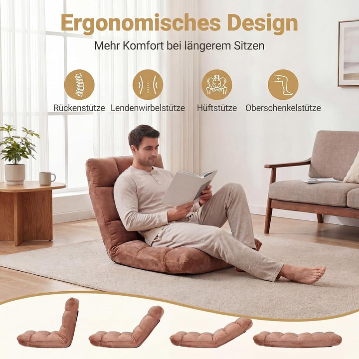 RELAX4LIFE Bodenstuhl klappbar, Bodensessel mit Liegefunktion (Braun) | Bodensitz mit Verstellbarer