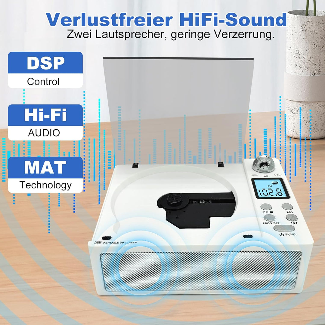 Tragbarer CD-Player mit Bluetooth 5.3 Sender & Empfänger, 4000mAh Akku, HiFi-Sound, USB/TF/AUX, LED-