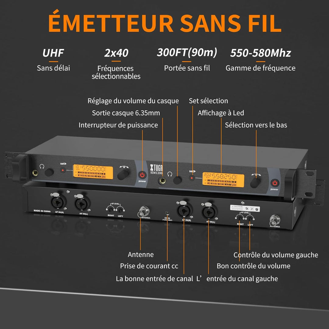 XTUGA Kabellose in-Ear-Rückgabesysteme mit Kopfhörertyp für Bühne und Gitarre, 4 Empfänger mit 2 Kan