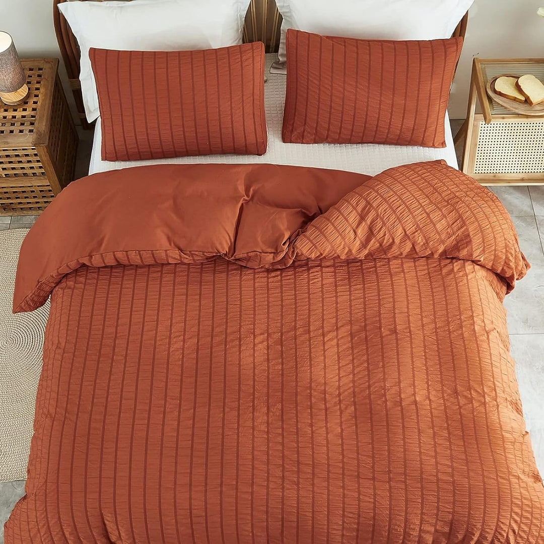 Freyamy Seersucker Bettwäsche 200x200cm 3teilig Karamell Geprägt Streifen Strukturiert Bettwaren-Set