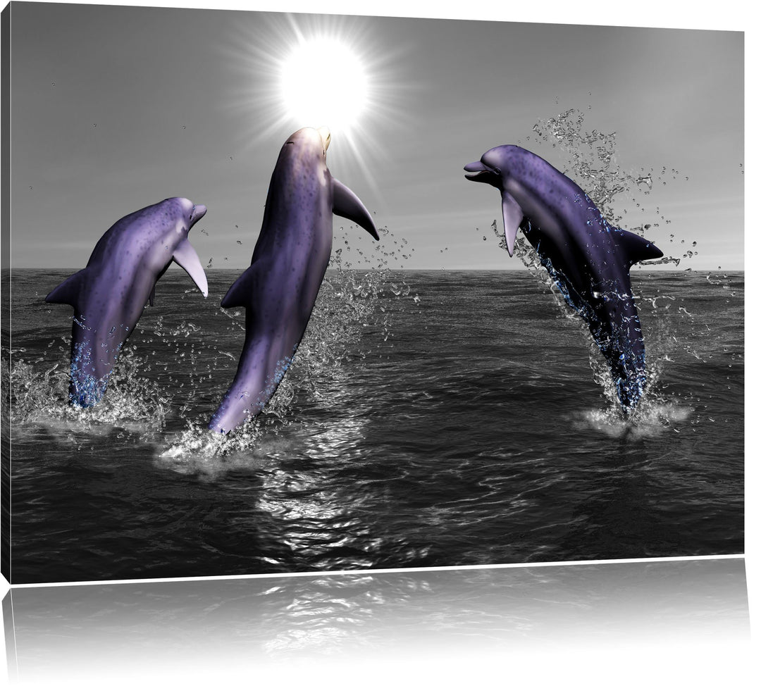 Fröhliche Delfine springen im Meer schwarz/weiss Format: 100x70 auf Leinwand, XXL riesige Bilder fer