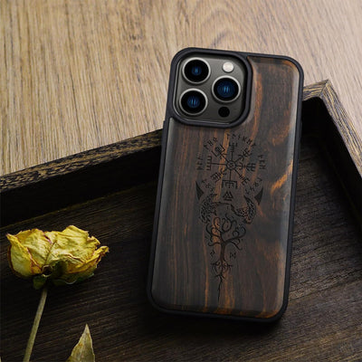 Carveit Holz Cover für iPhone 15 Pro hülle, Kompatibel mit Magsafe Silikon Stossfeste Cover, Magneti