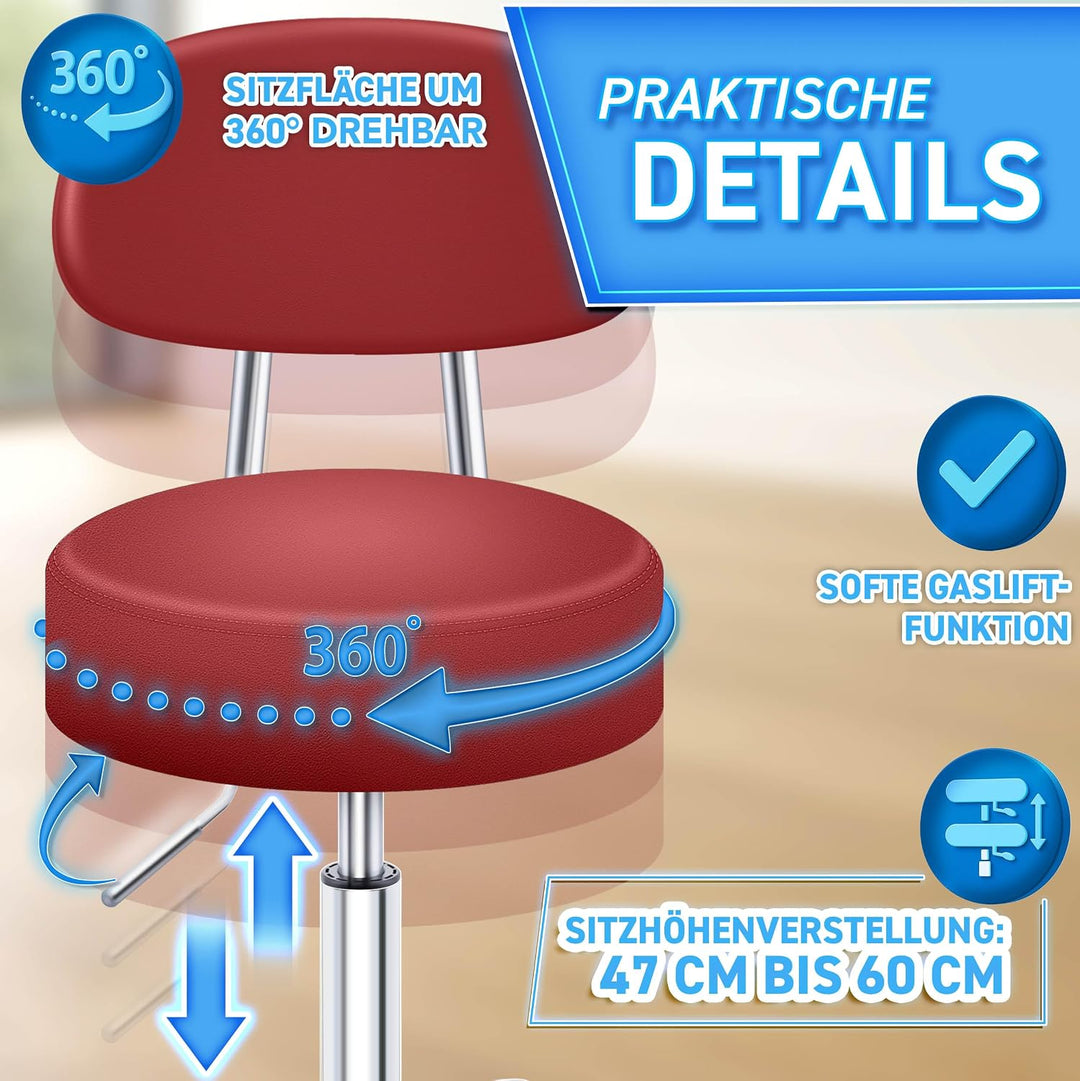 TRESKO® Rollhocker mit Lehne höhenverstellbar 10cm Dicke Polsterung Drehbar | Hocker 46-58cm | Arbei