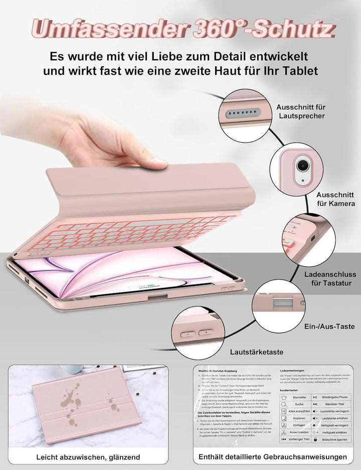 Tastatur Hülle für iPad Air 11 Zoll (M3/M2) - 7-Farben Beleuchtung Keyboard Cover mit Stifthalter &