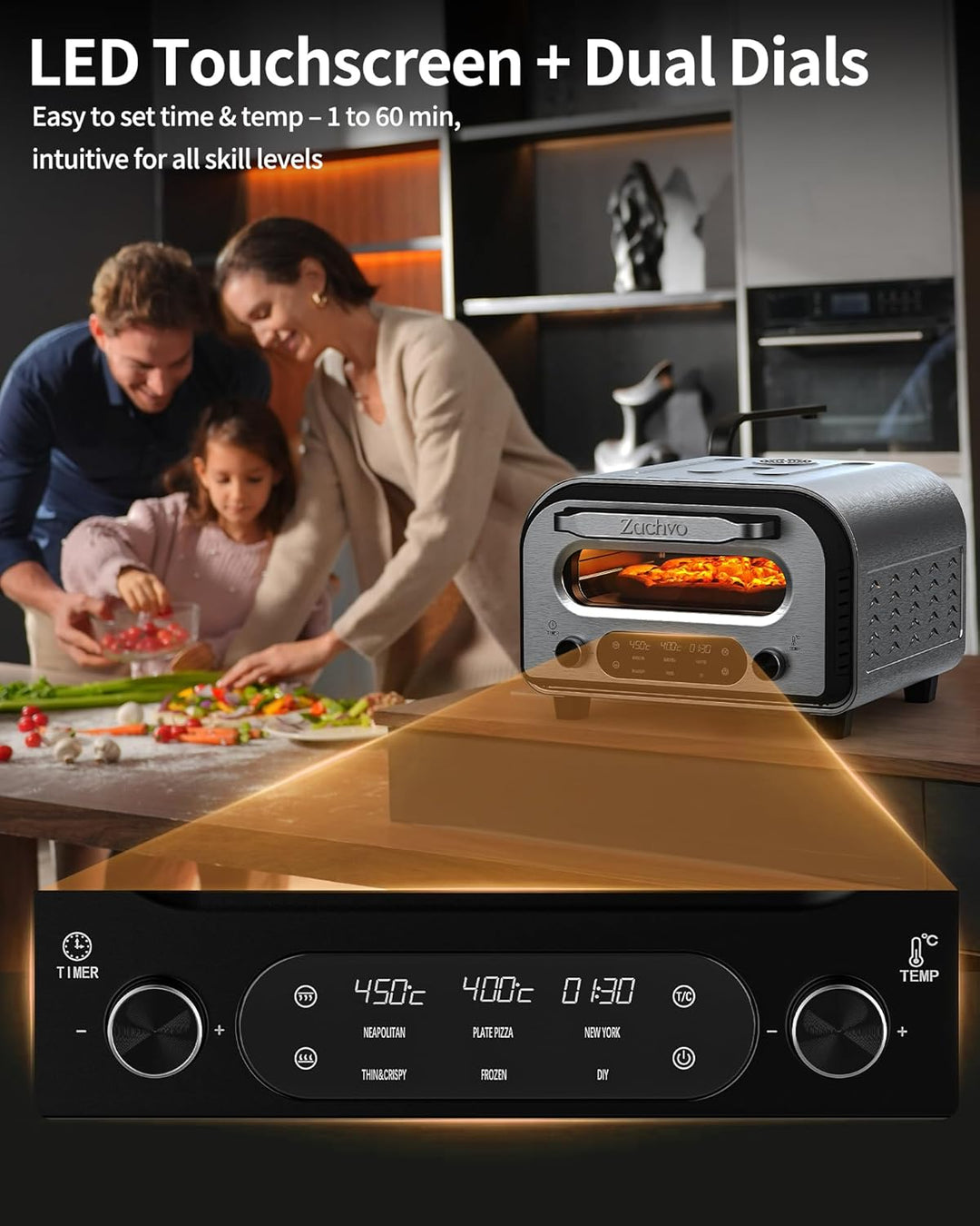 Pizzaofen Elektrisch – 450°C für 90Sek. Pizza, 5 Programme + DIY, LED Touchscreen & Drehregler, inkl