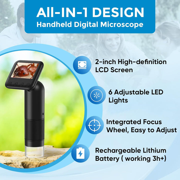 LCD Digital Handheld Microscope, 800x Portable Pocket Microscope for Kids with LED Lights, Electroni