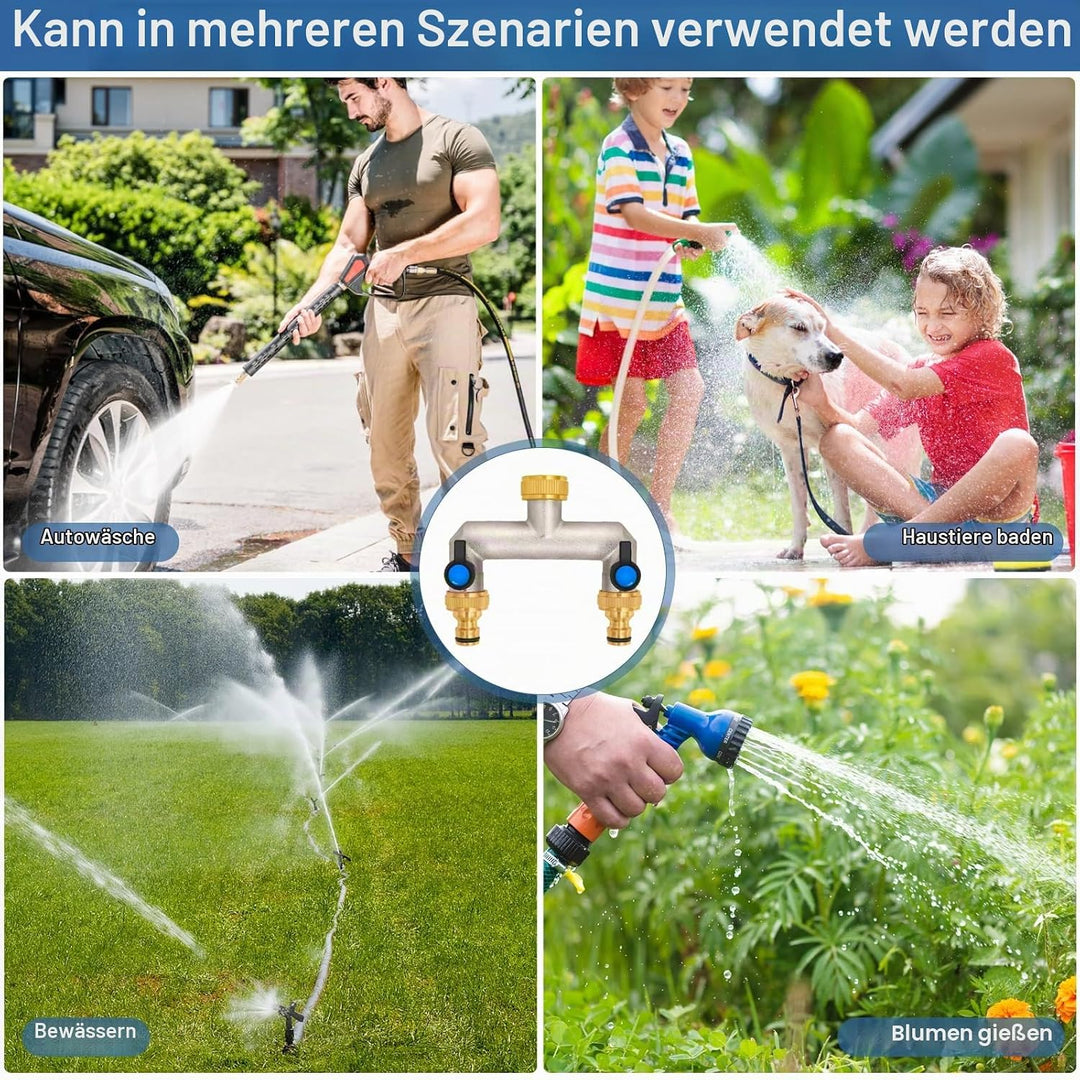 2-Wege Wasserhahn Wasserverteiler aus Messing für 2 Geräte/Gartenschläuche, 2er Verteiler 3/4" Adapt