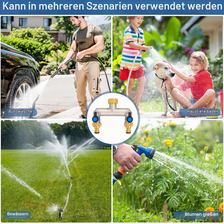 2-Wege Wasserhahn Wasserverteiler aus Messing für 2 Geräte/Gartenschläuche, 2er Verteiler 3/4" Adapt