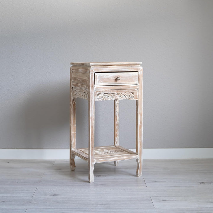 livasia Teakholzschränkchen mit Schnitzerei Hellbraun, Nachttisch, Kommode, Nachtschrank, aus Java (