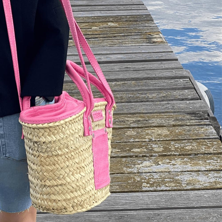 NATUREHOME Eleganz: Nachhaltige Palmblatt-Tasche mit stilvollen Pinken Leder-Highlights 37x12x16cm,