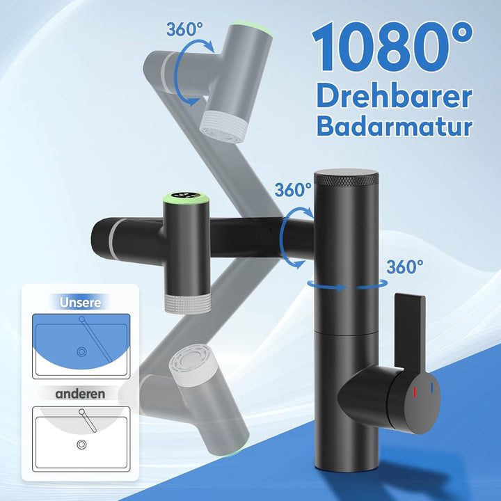 JONKEAN 1080 ° Drehbare Wasserhahn Bad mit Filter, Waschbecken Armaturen mit Temperaturanzeige, Einh