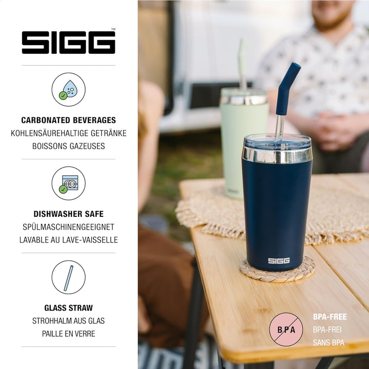 SIGG - Isolierbecher - Travel Mug Helia - Mit wiederverwendbarem Glastrinkhalm & Reinigungsbürste -