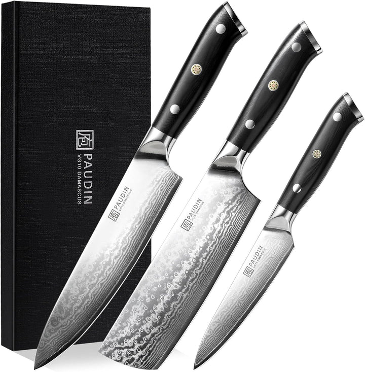 PAUDIN 3-tlg Küchenmesser Set, Damastmesser Set aus 67 Schichten VG10 Damaststahl mit G10 Griff – Ch