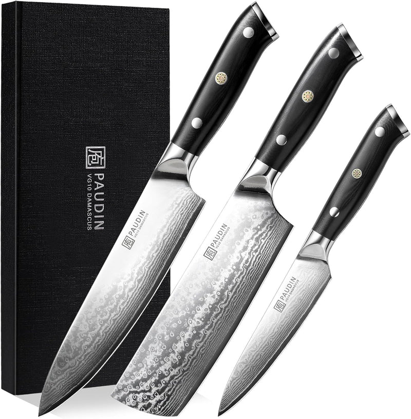 PAUDIN 3-tlg Küchenmesser Set, Damastmesser Set aus 67 Schichten VG10 Damaststahl mit G10 Griff – Ch