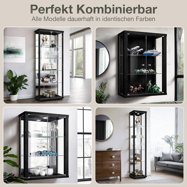 Hängevitrine in Schwarz (80x60x25 cm) mit 2 höhenverstellbaren Glasböden, Spiegel & LED - Modellauto