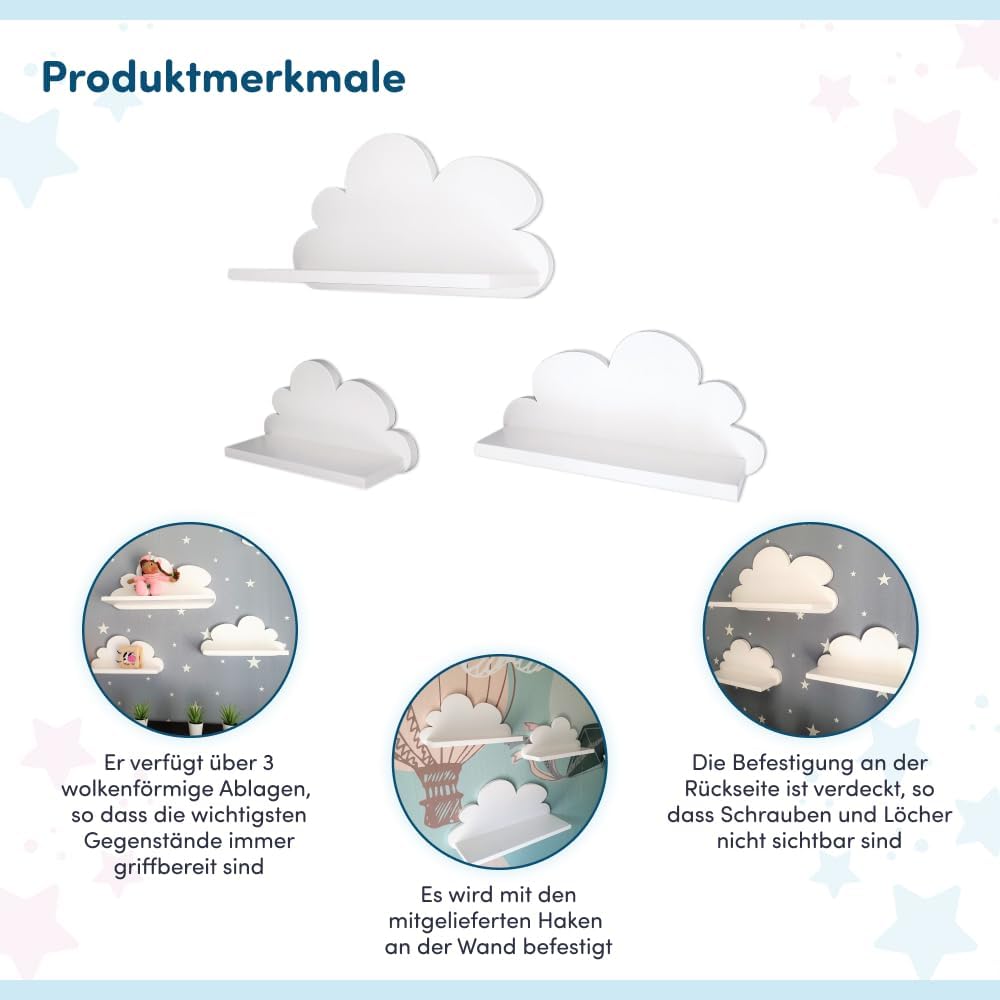 3er Set Wandregal Kinderzimmer Weiss | Babyzimmer Wolkenregal für Bücher, Spielzeug, Dekoration | Re