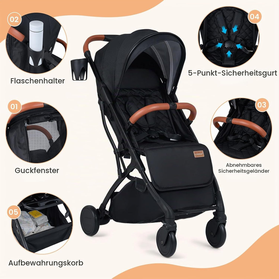 COSTWAY Kinderwagen klappbar mit Regenschutz, Reisebuggy mit verstellbarem Rückenlehne, Fussstütze,