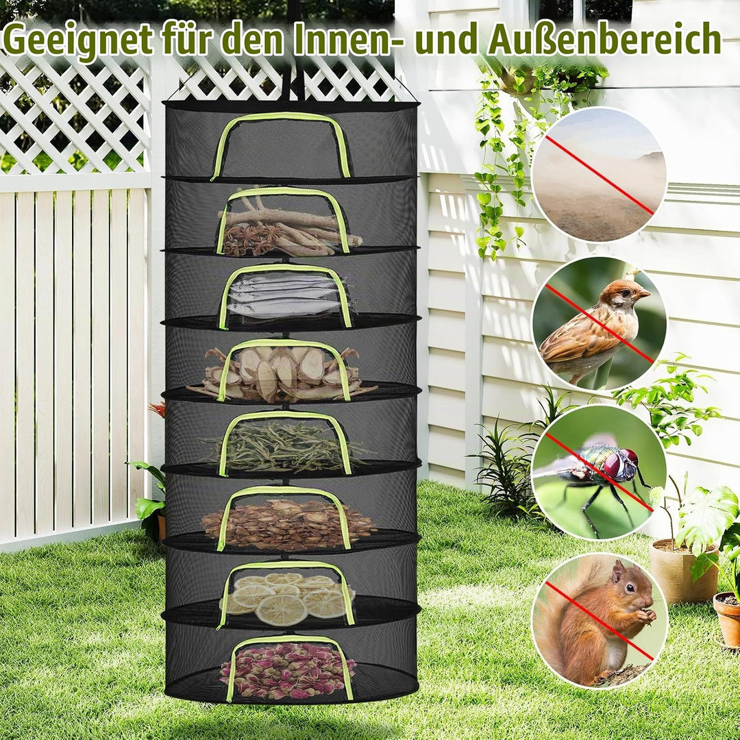 8 Lagiges Trockennetz Kräuter, 200 cm Kräutertrockner Hängend, Trocknungsnetz mit S Haken und Reissv