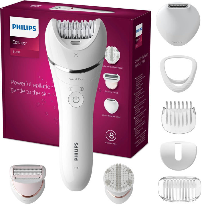 Philips Epilierer Series 8000 - inkl. 8 Aufsätze, kabellos mit Nass- und Trockenfunktion (Modell BRE