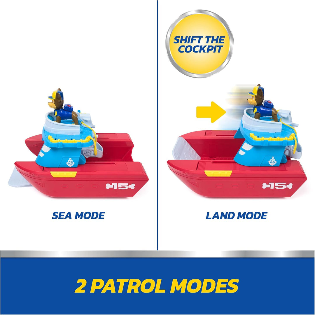 AW Patrol – Sea Patroller Rettungsboot mit Chase Figur und Hai, ca. 23 cm, 2 Einsatzmodi Wasser & La