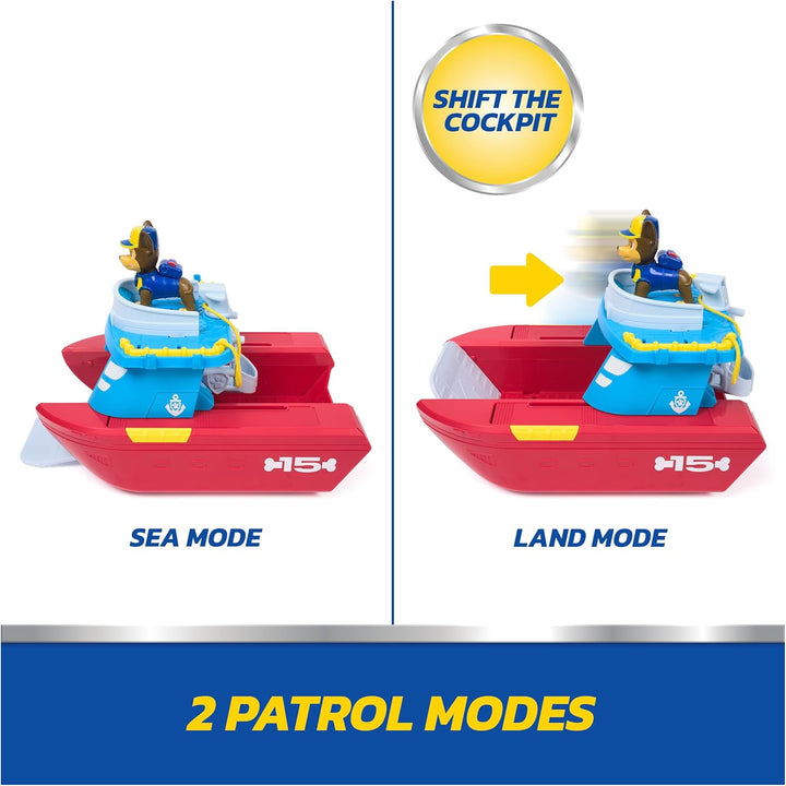 AW Patrol – Sea Patroller Rettungsboot mit Chase Figur und Hai, ca. 23 cm, 2 Einsatzmodi Wasser & La