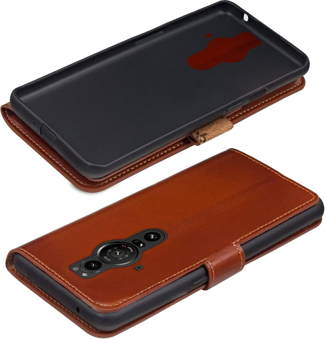 Suncase Book-Style Hülle kompatibel mit Sony Xperia Pro-I Leder Tasche (Slim-Fit) Lederhülle Handyta