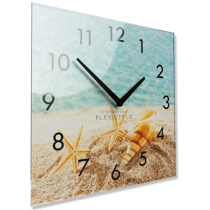 FLEXISTYLE Wanduhr küche Wohnzimmer 30 x 30 cm, aus Glas, mit Direktdruck eckig modern (Sommerurlaub