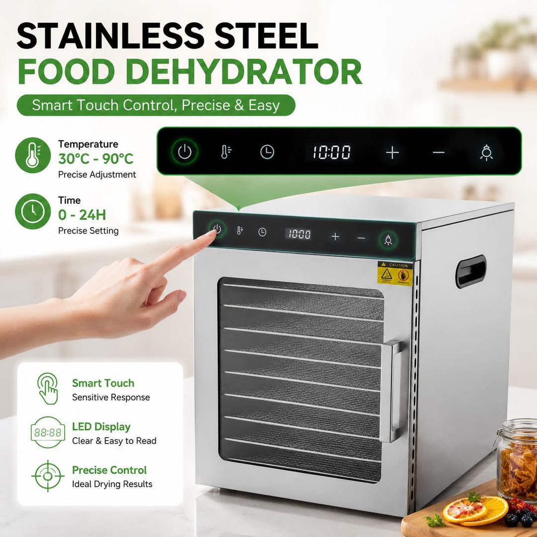 800 Watt Dörrautomat, Food Dehydrator mit 10 Edelstahlschalen LED Touch Control Design, Einstellbare
